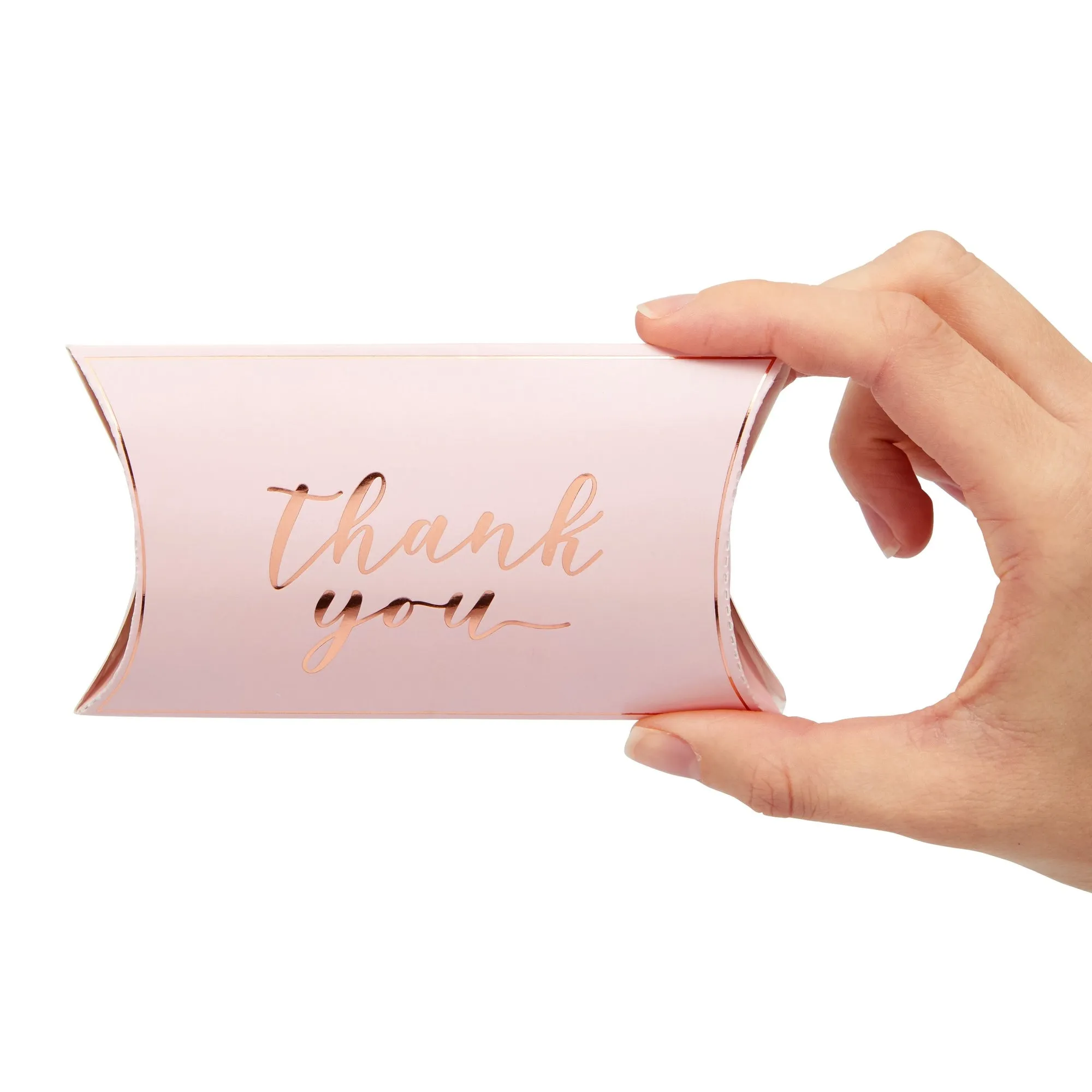 100-Pack Wedding Favor Pillow Boxes, Bulk 5.2x3.2-Inch Kraft Paper Thank You Gift Boxes with 1 Roll Jute String for Party Favors (Pink with Gold Script)