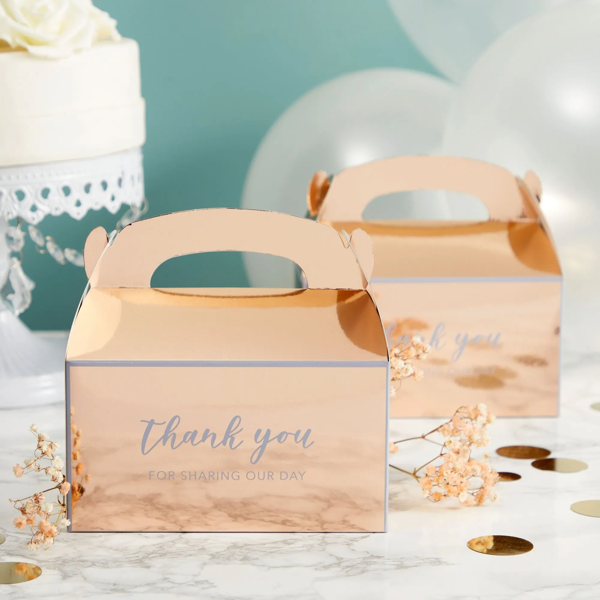 24-Pack 6.3x3.5x3.5-Inch Rose Gold Party Favor Gable Boxes, Thank You Gift Boxes for Birthday, Wedding, and Baby Shower Celebrations