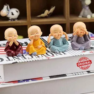 Buddha Monk Set of 4 Statue Figurines Home Decor Items, Decorative Items for Home,Showpiece Cute Mini Idol for Car Dashboard Table Top Decoration item Living Bedroom Office Gift