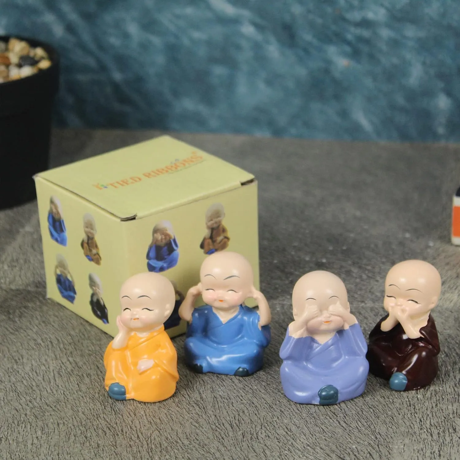 Buddha Monk Set of 4 Statue Figurines Home Decor Items, Decorative Items for Home,Showpiece Cute Mini Idol for Car Dashboard Table Top Decoration item Living Bedroom Office Gift