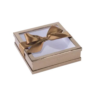 Clear Window Gift Boxes Gold 7" X 7" X 2" 6 Pack With Ribbon
