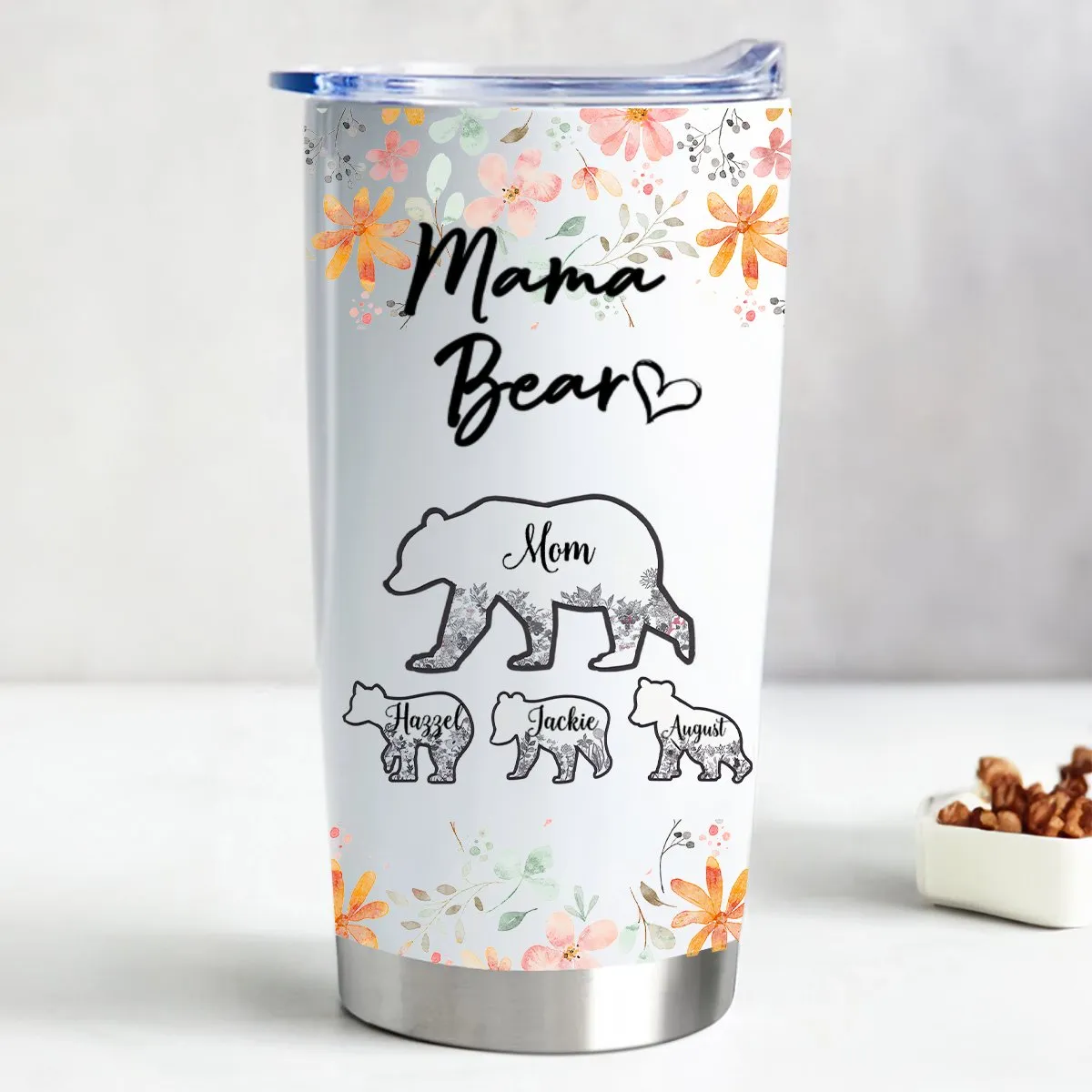 Floral Mama Bear 20oz Stainless Steel Tumbler - Customizable Insulated Cup