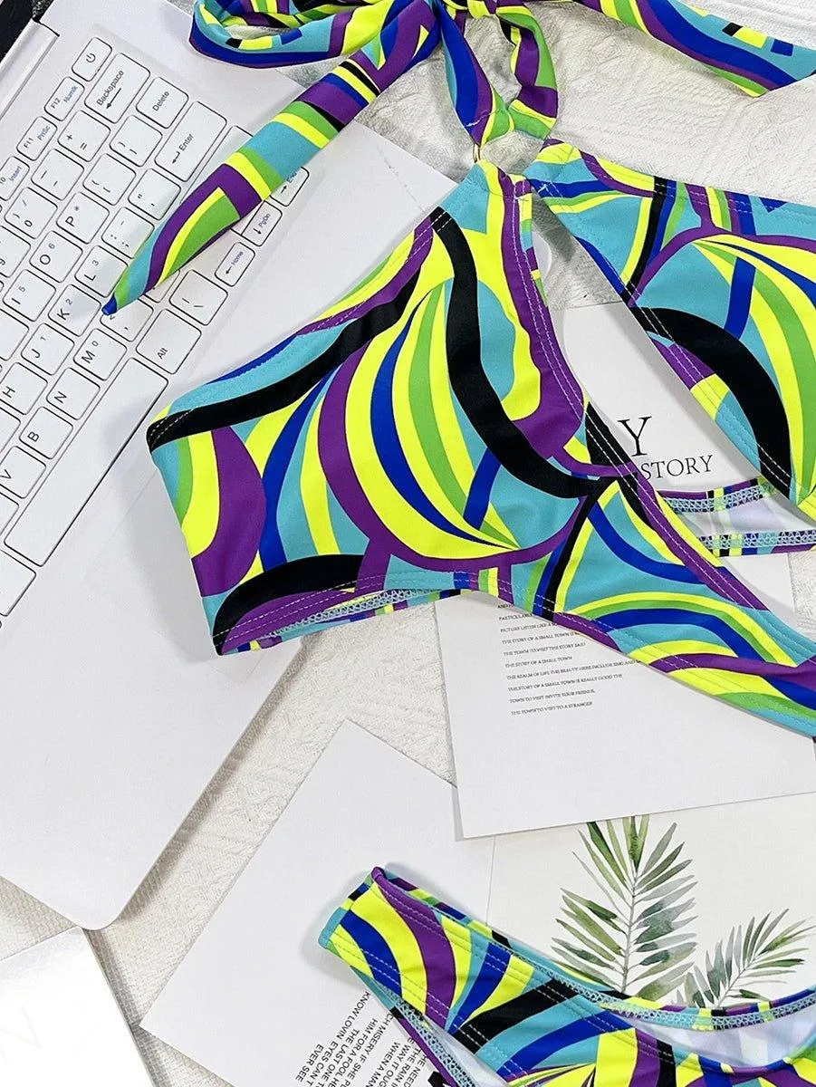 GFIT® New Sexy One Piece Print Hollow Halter Swimsuit