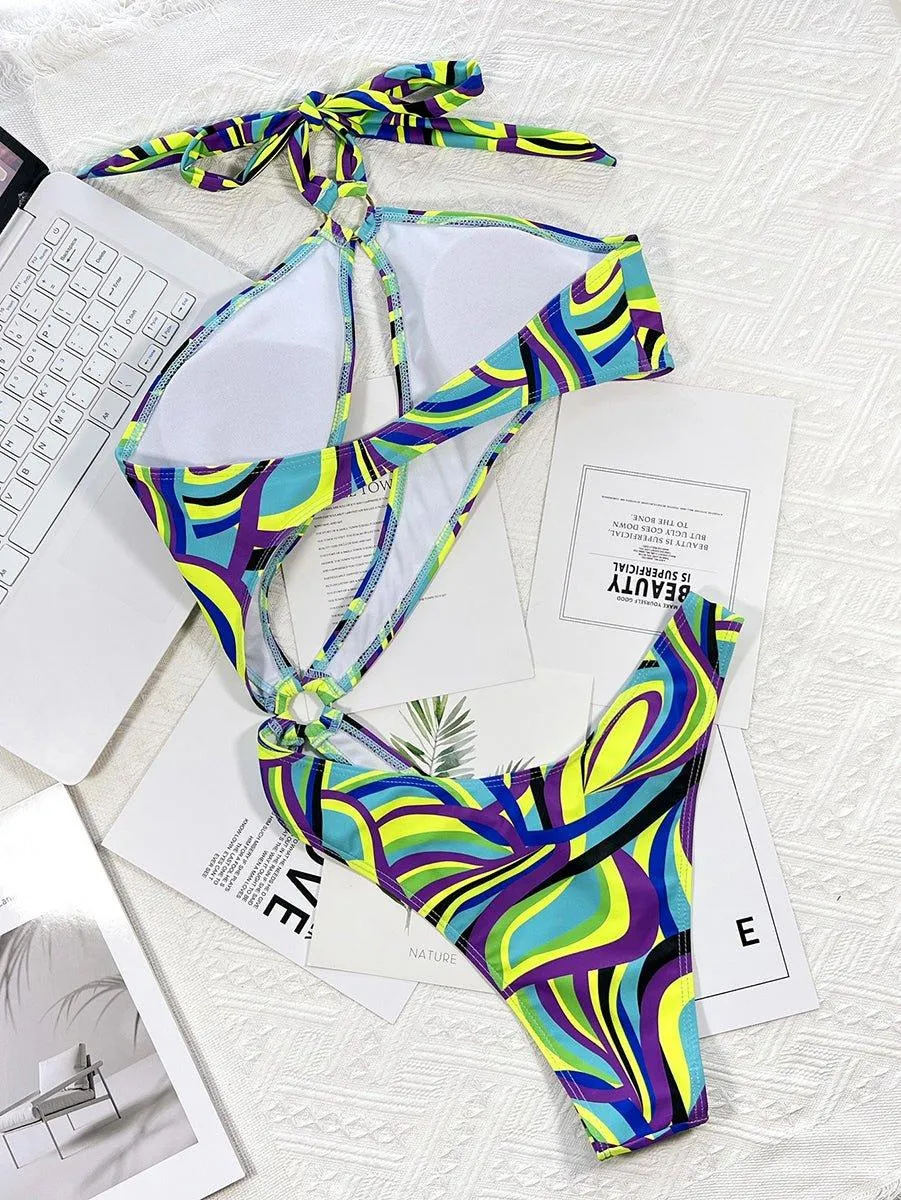 GFIT® New Sexy One Piece Print Hollow Halter Swimsuit