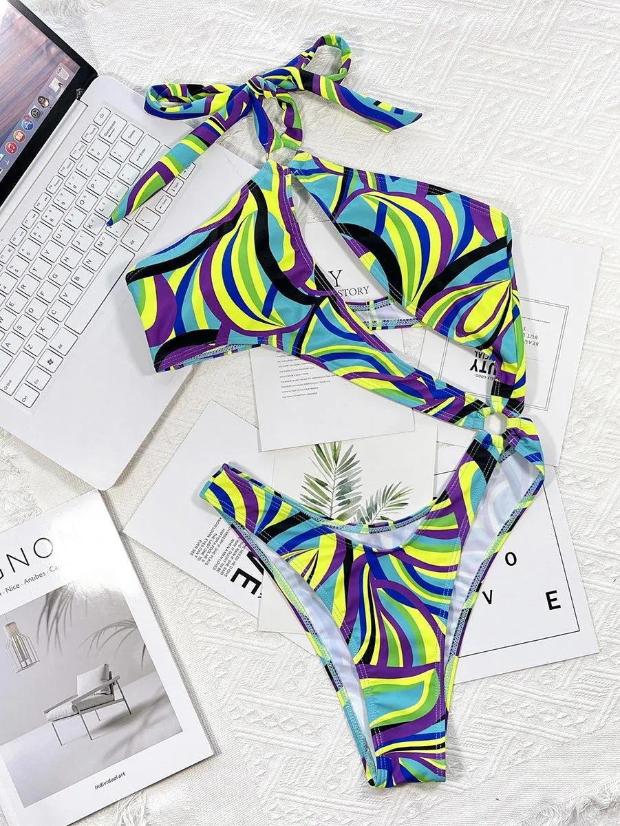 GFIT® New Sexy One Piece Print Hollow Halter Swimsuit