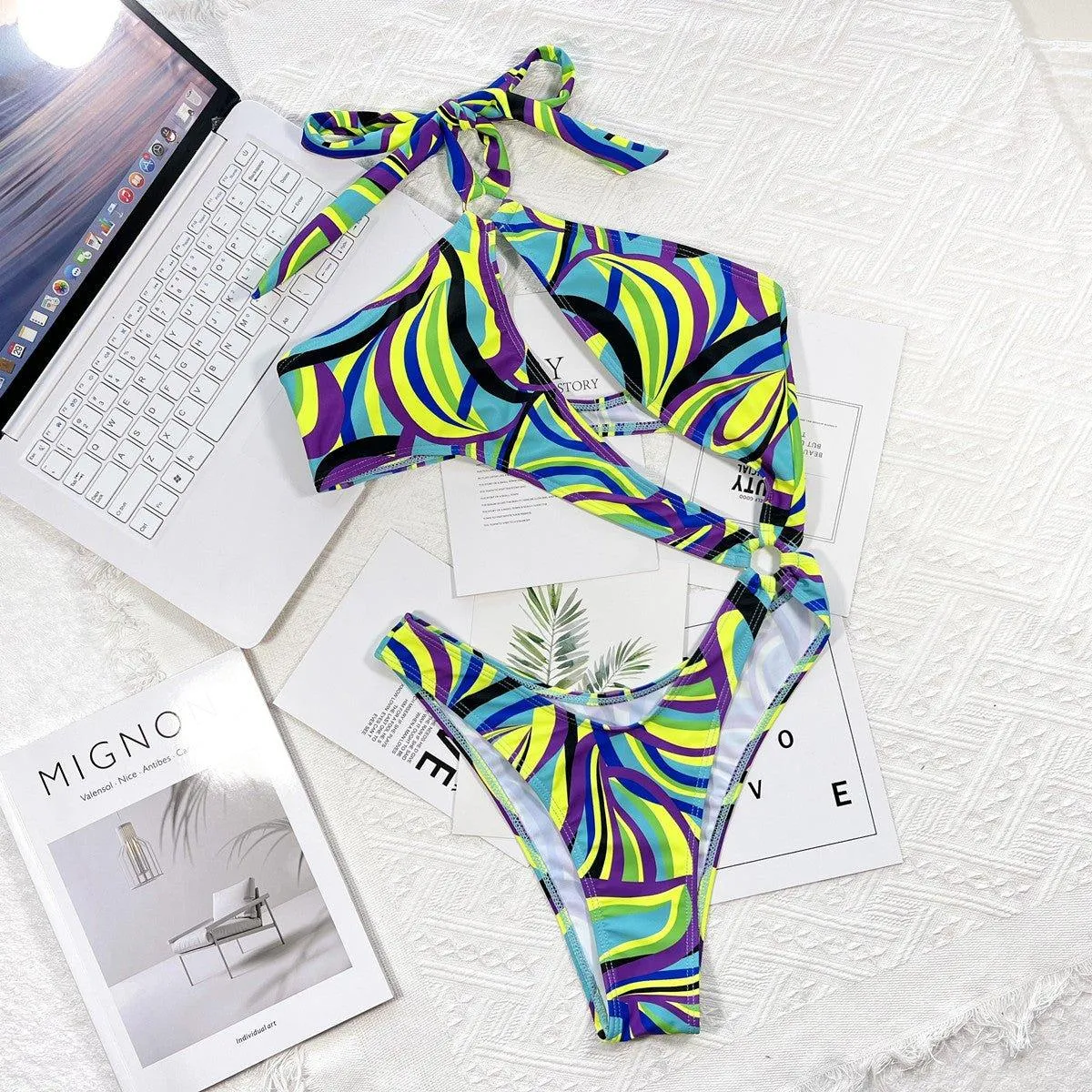 GFIT® New Sexy One Piece Print Hollow Halter Swimsuit