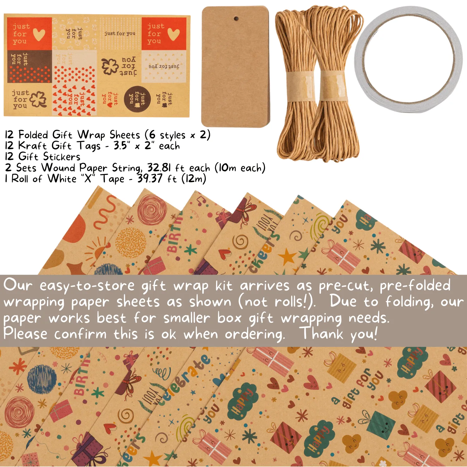 Gift Wrapping Kit with Gift Wrap, String, Tape Roll, Tags, and Stickers