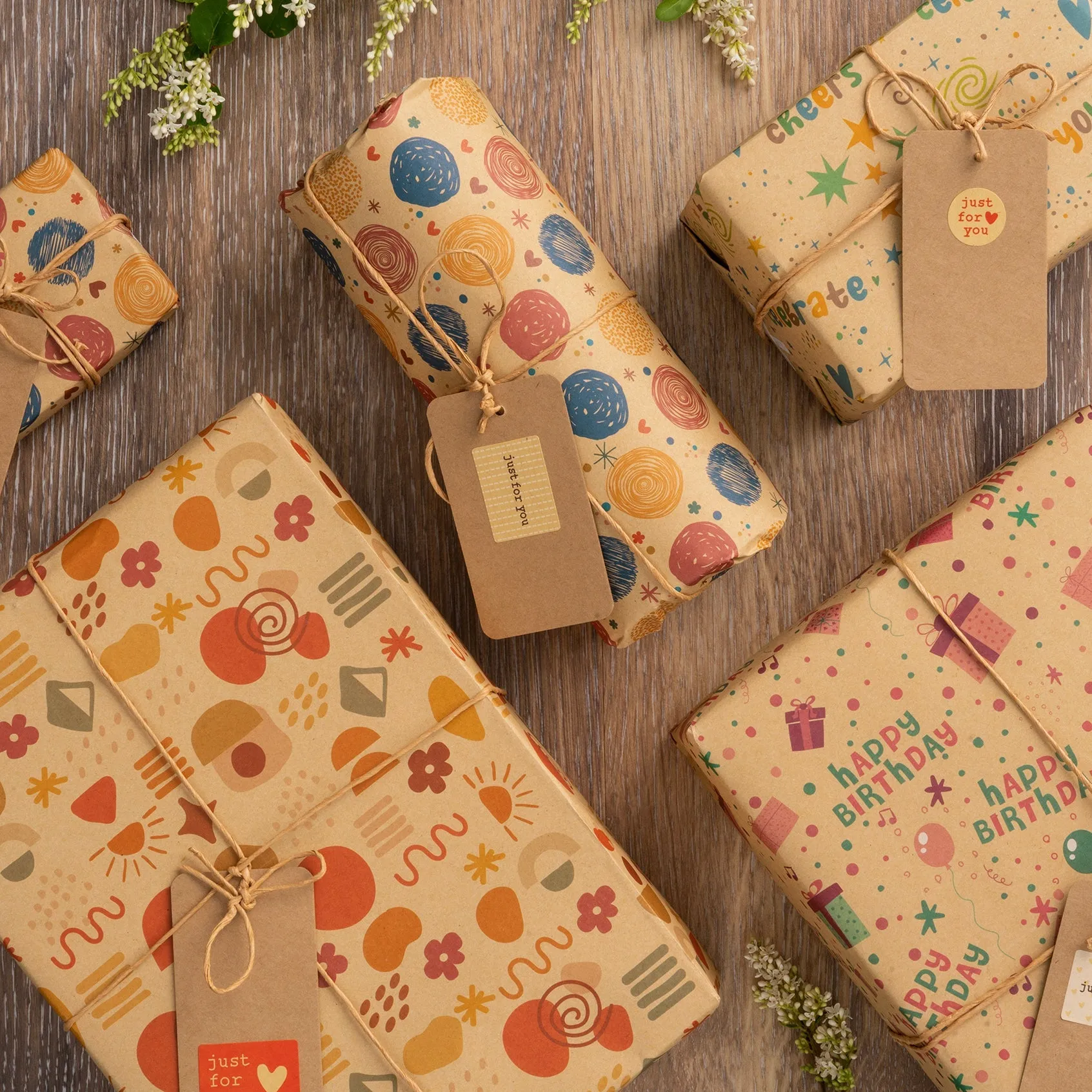Gift Wrapping Kit with Gift Wrap, String, Tape Roll, Tags, and Stickers
