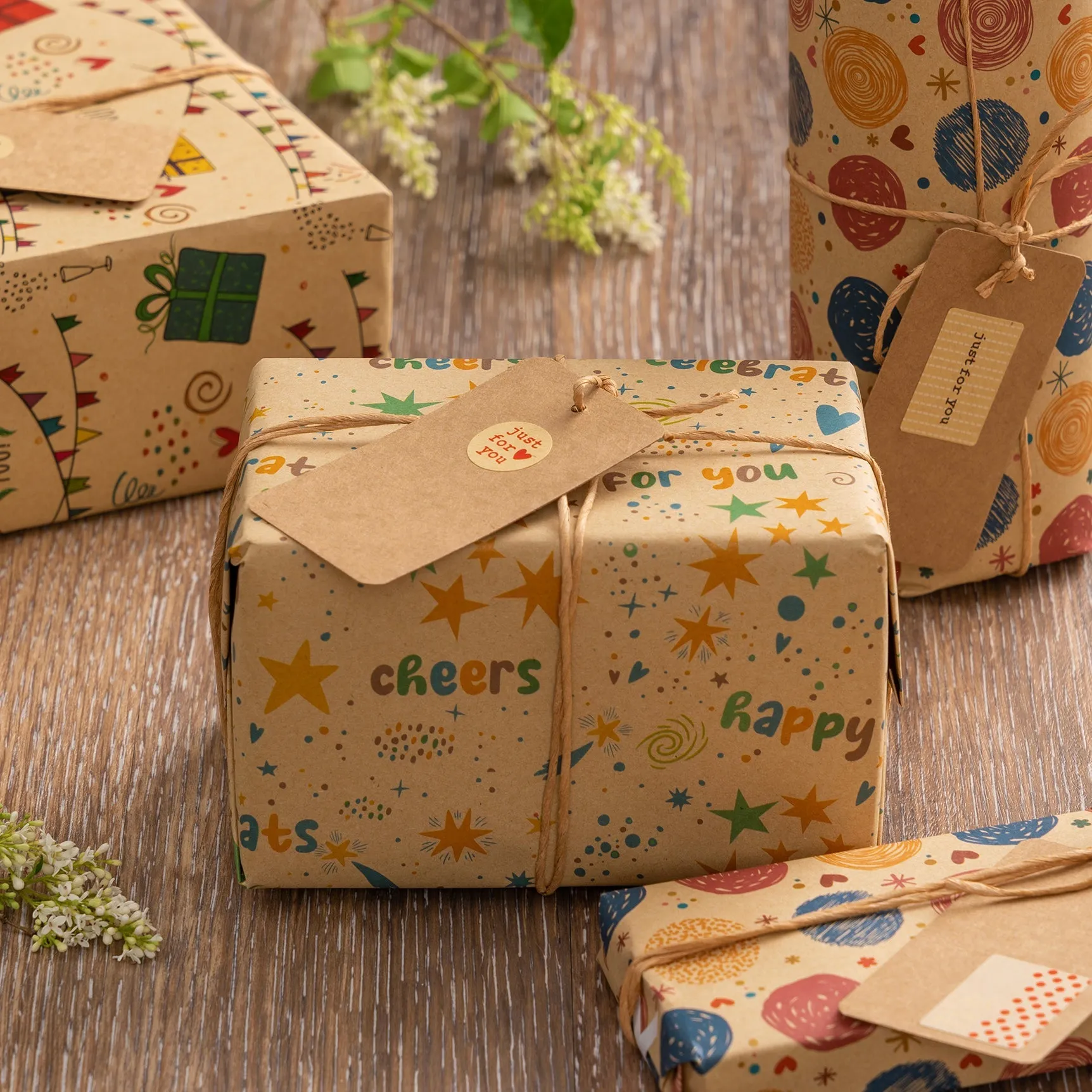 Gift Wrapping Kit with Gift Wrap, String, Tape Roll, Tags, and Stickers