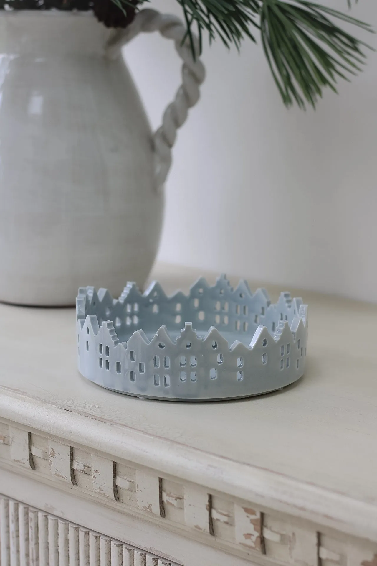 Grey Ceramic Round Winter Village Tray