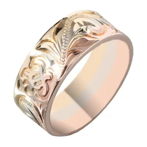 Hawaiian Scroll and Honu Engraving Heirloom Ring 14K Tri-gold Made 8mm