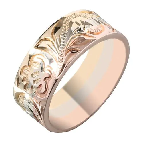 Hawaiian Scroll and Honu Engraving Heirloom Ring 14K Tri-gold Made 8mm