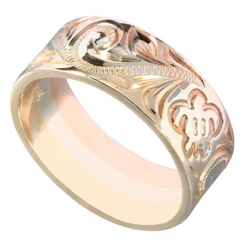 Hawaiian Scroll and Honu Engraving Heirloom Ring 14K Tri-gold Made 8mm