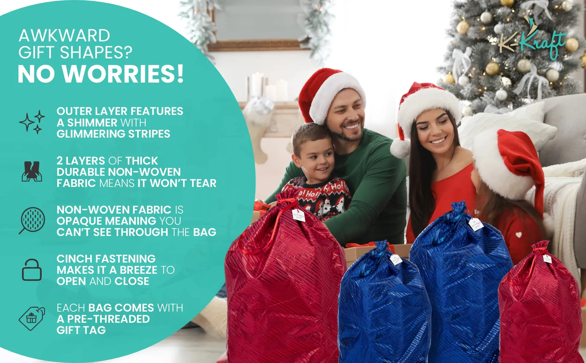 K-Kraft Giant Blue Gift Bag (26 x 35.5 inches) Reusable Easy-to-Use to easily wrap large presents or store wrapping paper and Christmas decorations