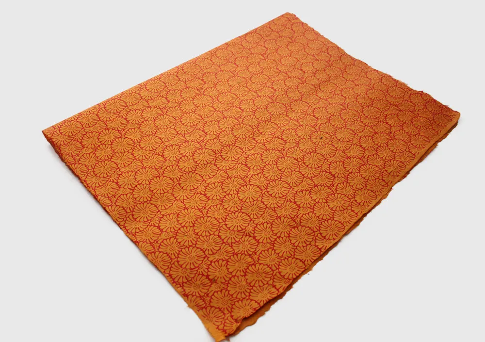Orange with Red Flower Printed Handmade Gift Wrapping Lokta Paper Sheets