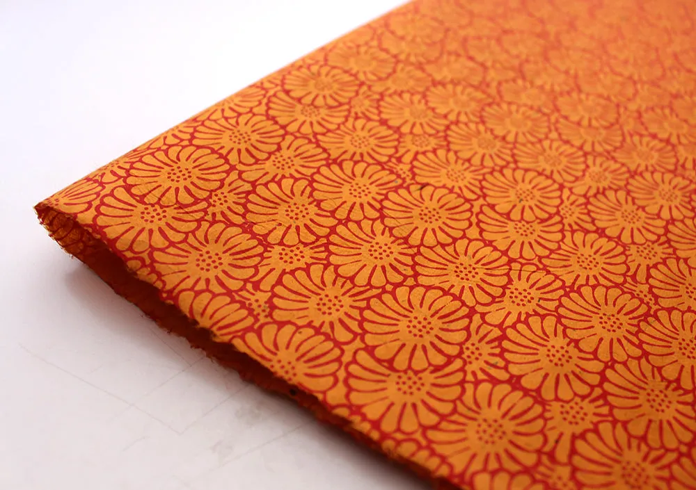 Orange with Red Flower Printed Handmade Gift Wrapping Lokta Paper Sheets