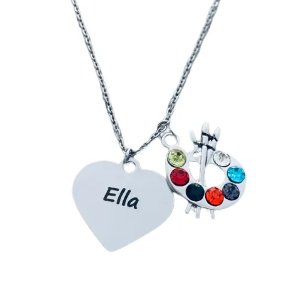 Personalized Engraved Artist Paint Palette & Paint Brush Pendant Necklace
