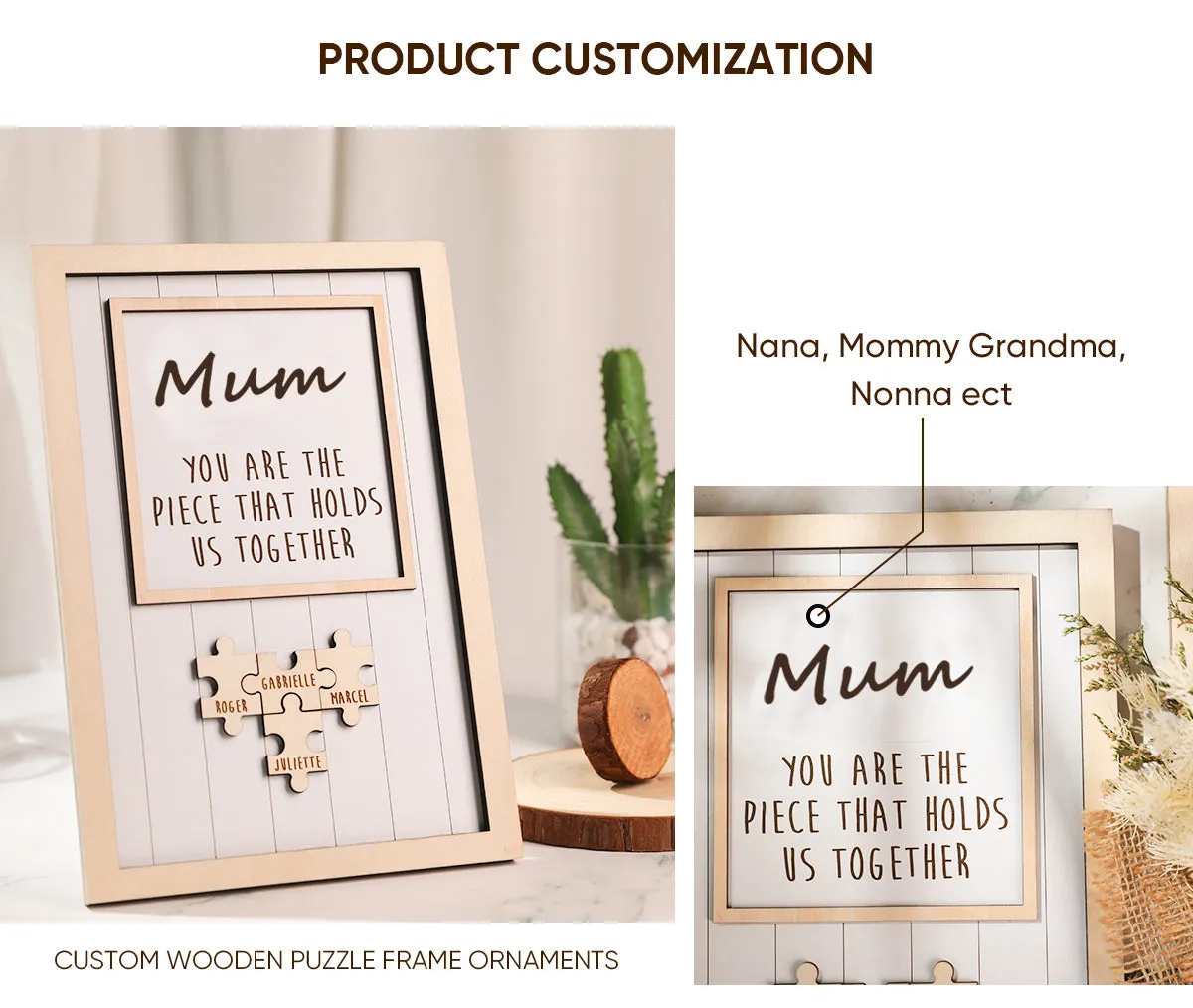 Personalized Wooden Puzzle Frame Gift for Mom Custom Engraved Name Decor Mother's Day Gift