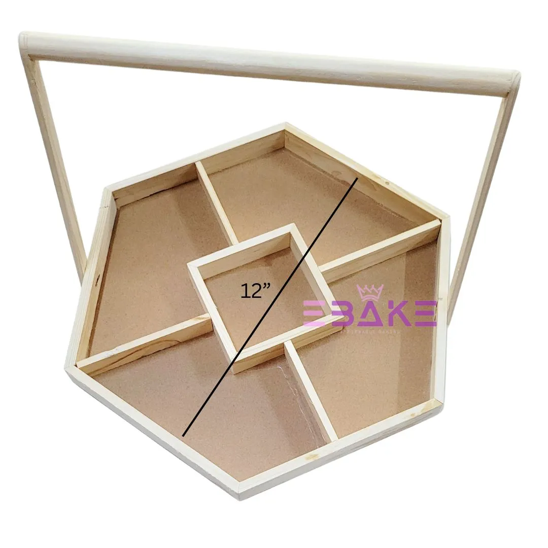 Pinewood Dry Fruit Tray / Hexagon Wooden Hamper Basket With Handle