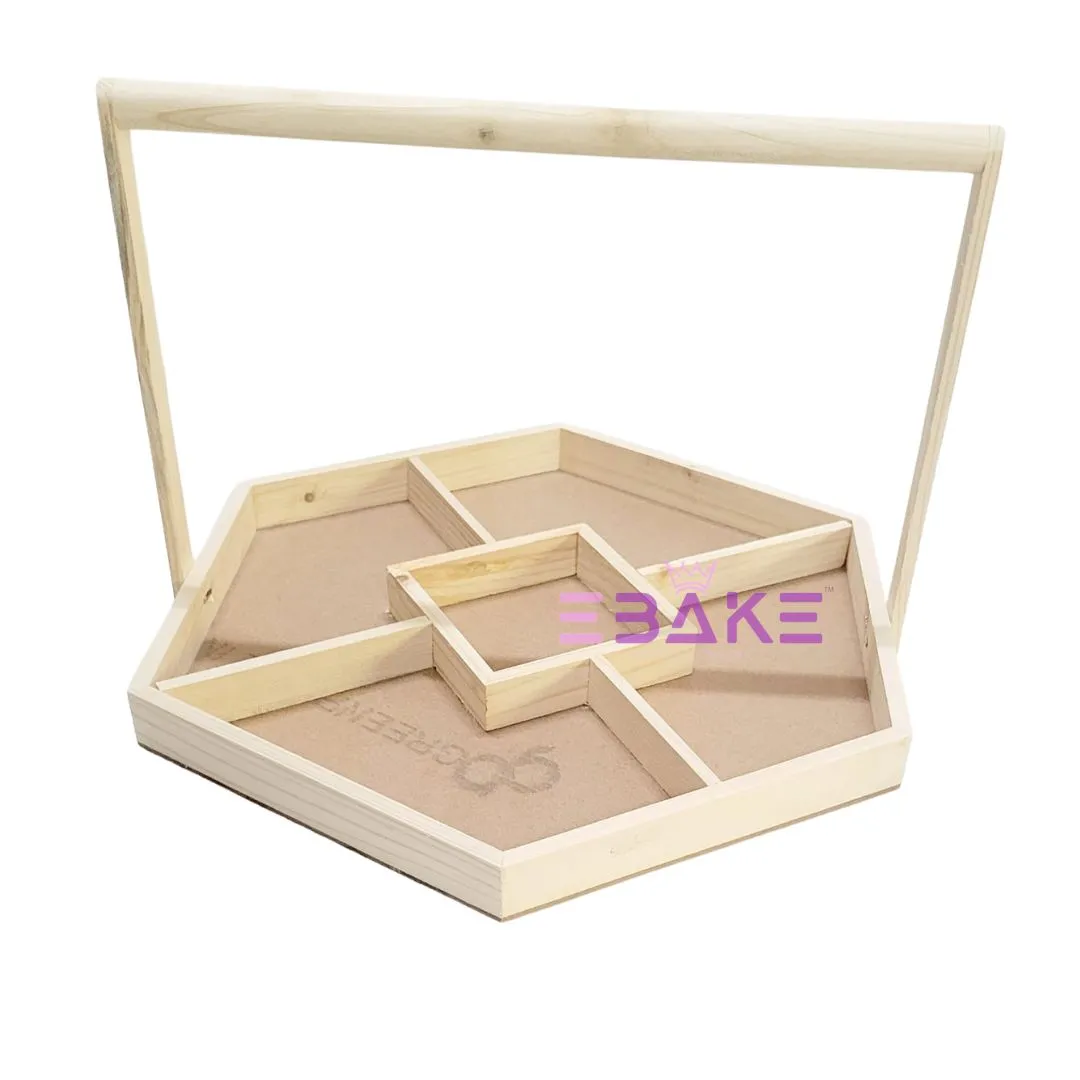 Pinewood Dry Fruit Tray / Hexagon Wooden Hamper Basket With Handle