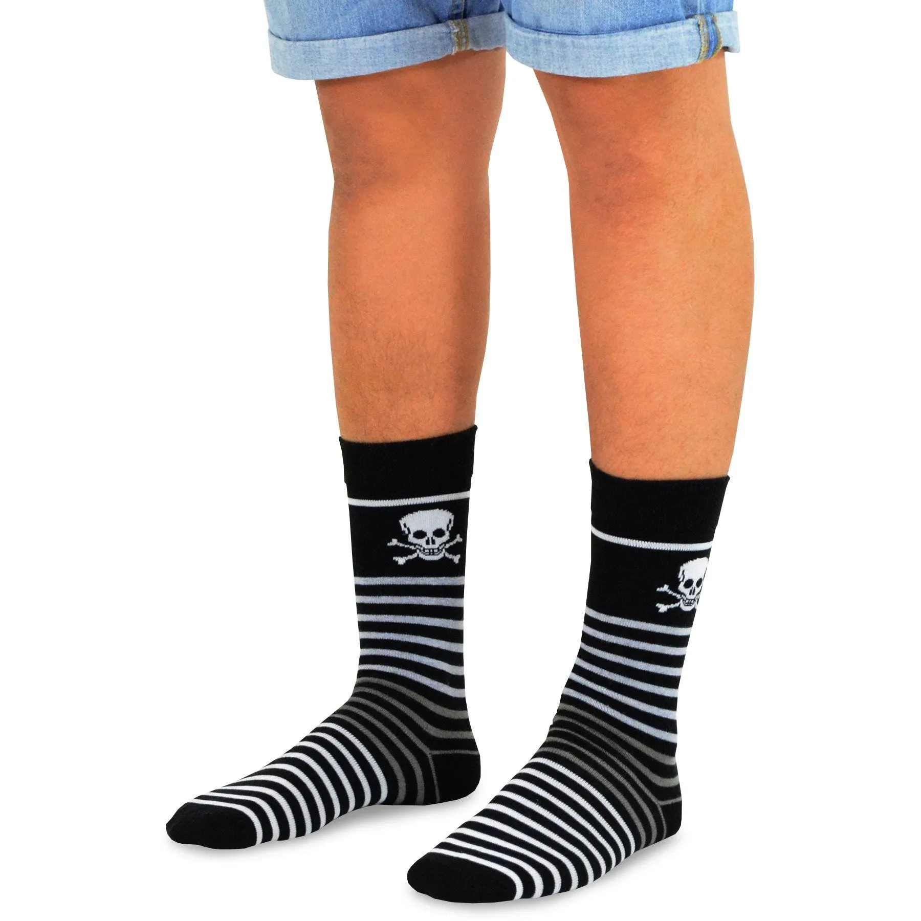 TeeHee Socks Men's Novelty Cotton Crew Skulls and Stripes 5-Pack (51056)